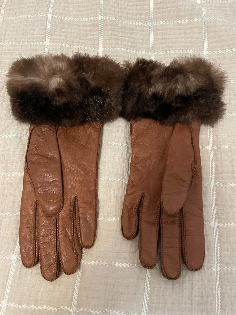 Nordstrom Brown Leather Gloves Rabbit Fur Trim Size 8.5